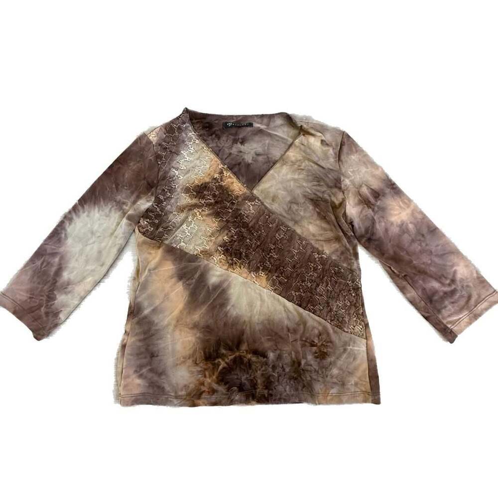 Vintage Vivendi Y2K Boho Mesh Top - Brown Tie-Dye V-Neck - Earth Tones
